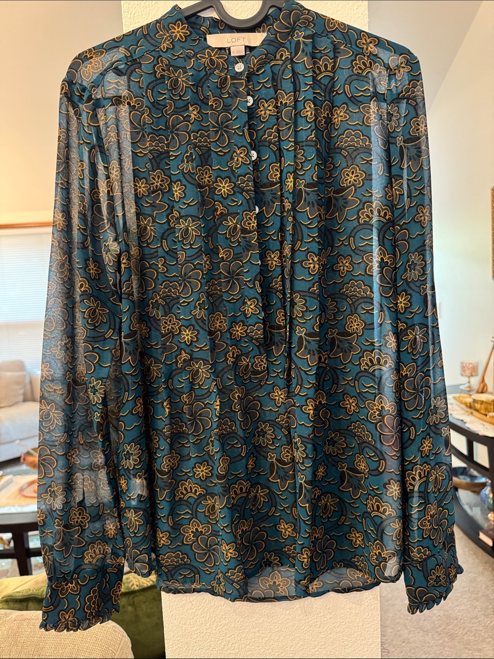 LOFT Teal and Gold Floral Tie-Neck Blouse